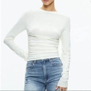 Alice + Olivia Size M Percy White Long Sleeve Crewneck Ruched Cropped Top NWT